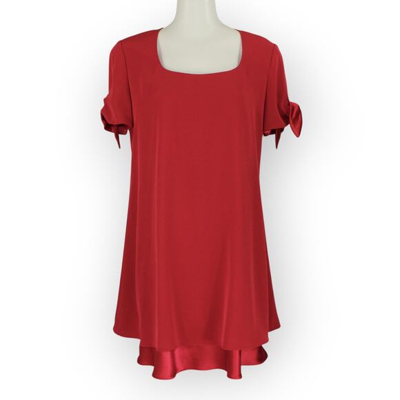 Vintage 8 JonesNewYorkDress Short Shift Swing Satin TieSleeve Holiday Red - Picture 2 of 10